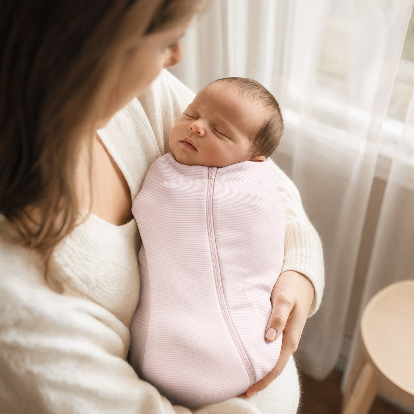 A mother holding the folded swaddle