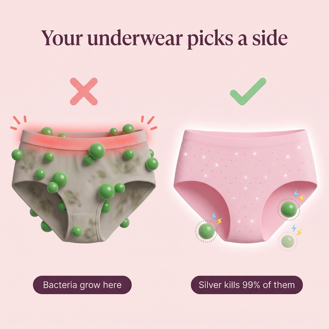 How the silver-ionic knit works against bacteria compared to ordinary underwear